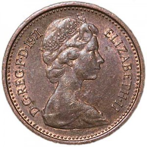 1/2 new penny 1971 Great Britain price, composition, diameter, thickness, mintage, orientation, video, authenticity, weight, Description