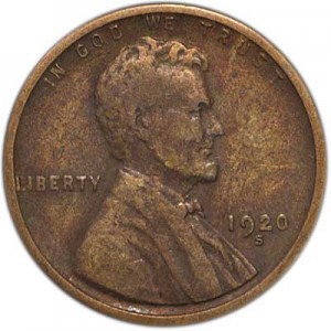 1 cent 1920 Wheat ears US, S, from circulation price, composition, diameter, thickness, mintage, orientation, video, authenticity, weight, Description
