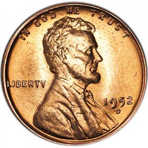 1 cent 1952 Wheat ears US, mint D price, composition, diameter, thickness, mintage, orientation, video, authenticity, weight, Description