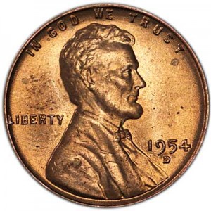 1 cent 1954 Wheat ears US, mint D price, composition, diameter, thickness, mintage, orientation, video, authenticity, weight, Description