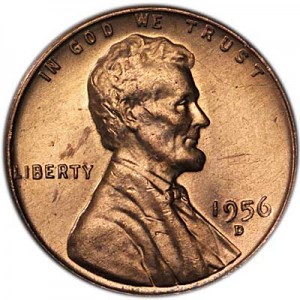 1 cent 1956 Wheat ears US, mint D price, composition, diameter, thickness, mintage, orientation, video, authenticity, weight, Description