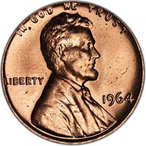 1 цент 1964 США Линкольн P, UNC цена, стоимость