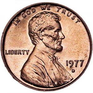 1 цент 1977 США Линкольн, двор D цена, стоимость