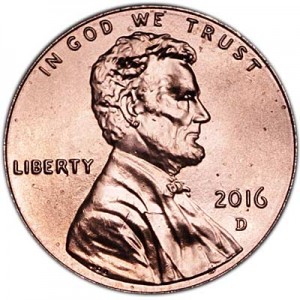 1 cent 2016 USA Shield, mint mark D