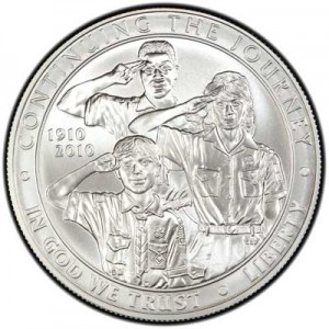 Dollar 2010 Boy scouts of America Centennial  UNC price, composition, diameter, thickness, mintage, orientation, video, authenticity, weight, Description