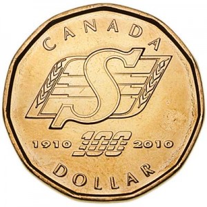 1 dollar 2010 Canada Saskatchewan Roughriders price, composition, diameter, thickness, mintage, orientation, video, authenticity, weight, Description