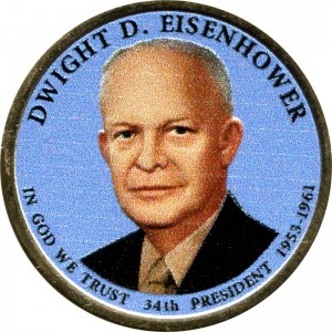 1 доллар 2015 США, 34-й президент Дуайт Д. Эйзенхауэр (цветная) цена, 1 доллар серии Президентские доллары США, стоимость