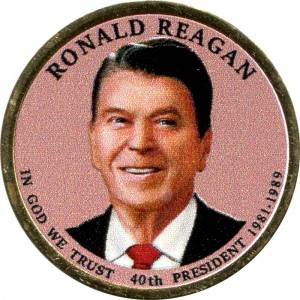 1 доллар 2016 США, 40-й президент Рональд Рейган (цветная) цена, 1 доллар серии Президентские доллары США, стоимость