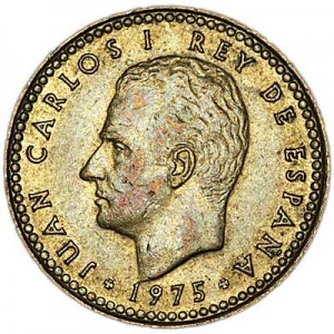1 peseta 1975 Spain price, composition, diameter, thickness, mintage, orientation, video, authenticity, weight, Description