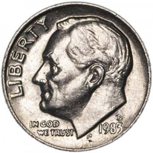 One dime 10 cents 1983 US Roosevelt, mint P price, composition, diameter, thickness, mintage, orientation, video, authenticity, weight, Description