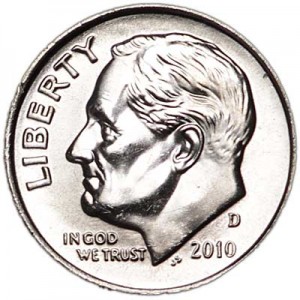 One dime 10 cents 2010 US Roosevelt, mint D price, composition, diameter, thickness, mintage, orientation, video, authenticity, weight, Description