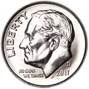 One dime 10 cents 2011 US Roosevelt, mint D price, composition, diameter, thickness, mintage, orientation, video, authenticity, weight, Description