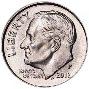 One dime 10 cents 2012 US Roosevelt, mint P price, composition, diameter, thickness, mintage, orientation, video, authenticity, weight, Description