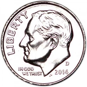 One dime 10 cents 2014 US Roosevelt, mint D price, composition, diameter, thickness, mintage, orientation, video, authenticity, weight, Description