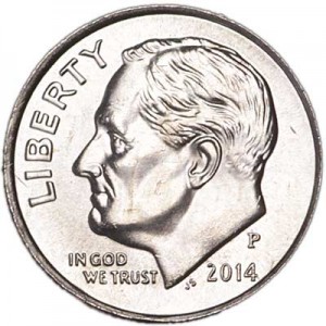 One dime 10 cents 2014 US Roosevelt, mint P price, composition, diameter, thickness, mintage, orientation, video, authenticity, weight, Description