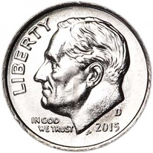 One dime 10 cents 2015 US Roosevelt, mint D price, composition, diameter, thickness, mintage, orientation, video, authenticity, weight, Description