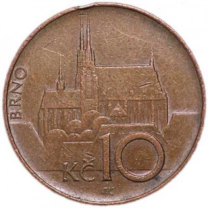 10 crowns Czech Republic, from circulation price, composition, diameter, thickness, mintage, orientation, video, authenticity, weight, Description