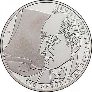 10 euros 2012 Germany Gerhart Hauptmann, mint mark J price, composition, diameter, thickness, mintage, orientation, video, authenticity, weight, Description