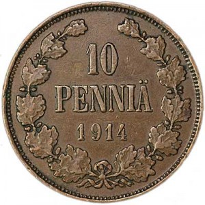 10 penni 1914 Finland price, composition, diameter, thickness, mintage, orientation, video, authenticity, weight, Description
