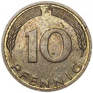 10 pfennig 1990 Germany price, composition, diameter, thickness, mintage, orientation, video, authenticity, weight, Description
