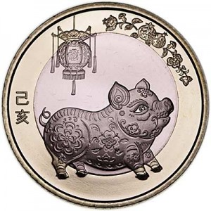 10 юаней 2019 Китай, Год свиньи цена, стоимость