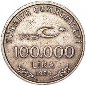 100000 lira Turkey 1999-2000, from circulation price, composition, diameter, thickness, mintage, orientation, video, authenticity, weight, Description