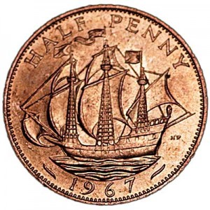 Half penny 1967 Great Britain Ship price, composition, diameter, thickness, mintage, orientation, video, authenticity, weight, Description