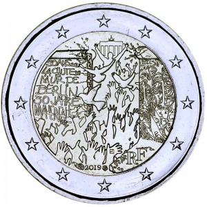2 Euro 2019 France, 30th anniversary of the fall of the Berlin Wall price, composition, diameter, thickness, mintage, orientation, video, authenticity, weight, Description