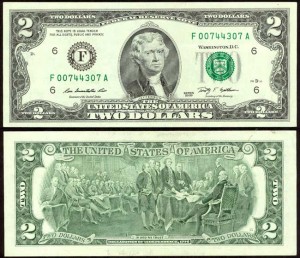 2 доллара 2009 США (F - Атланта), банкнота, хорошее качество XF