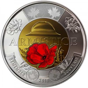2 dollars 2018 Canada 100th Anniversary of the Armistice of 1918 price, composition, diameter, thickness, mintage, orientation, video, authenticity, weight, Description