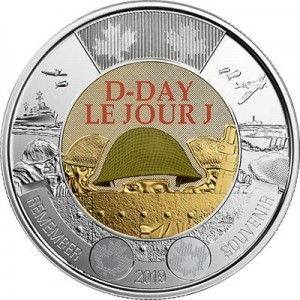 2 dollars 2019 Canada 75th Anniversary of D-Day, colorized price, composition, diameter, thickness, mintage, orientation, video, authenticity, weight, Description