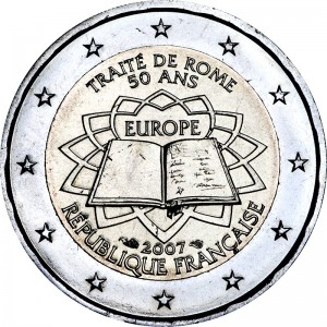 2 euro 2007, Treaty of Rome, France price, composition, diameter, thickness, mintage, orientation, video, authenticity, weight, Description