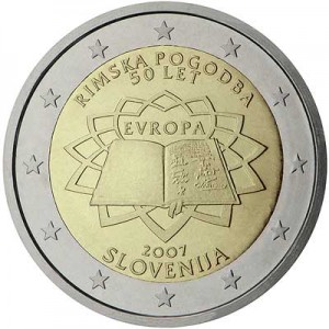 2 euro 2007, Treaty of Rome, Slovenia price, composition, diameter, thickness, mintage, orientation, video, authenticity, weight, Description