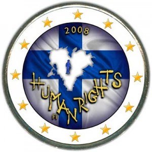2 euro 2008, Finland, Universal Declaration of Human Rights (colorized) price, composition, diameter, thickness, mintage, orientation, video, authenticity, weight, Description