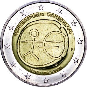 2 euro 2009, economic and monetary union, Germany, mint F price, composition, diameter, thickness, mintage, orientation, video, authenticity, weight, Description