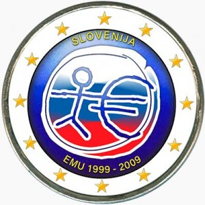 2 euro 2009, Economic and Monetary Union, Slovenia (colorized) price, composition, diameter, thickness, mintage, orientation, video, authenticity, weight, Description