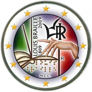 2 euro 2009, Italy, Louis Braille, color price, composition, diameter, thickness, mintage, orientation, video, authenticity, weight, Description