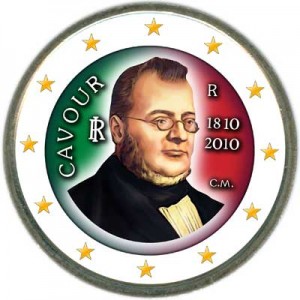 2 euro 2010 Italy 200th anniversary of the Count of Cavour’s birth, color price, composition, diameter, thickness, mintage, orientation, video, authenticity, weight, Description