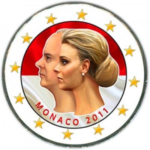 2 euro 2011 Monaco The wedding of Prince Albert and Charlene Wittstock (colorized) price, composition, diameter, thickness, mintage, orientation, video, authenticity, weight, Description