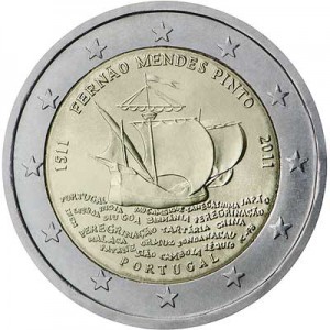 2 euro 2011, Portugal, Fernão Mendes Pinto (Fernam Mendez Pinto) price, composition, diameter, thickness, mintage, orientation, video, authenticity, weight, Description