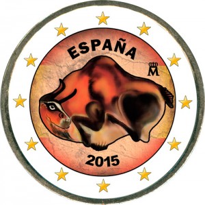 2 euro 2015 Spain Cave of Altamira (colorized) price, composition, diameter, thickness, mintage, orientation, video, authenticity, weight, Description
