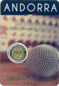 2 euro 2016 Andorra, 25 years of radio and TV broadcasting price, composition, diameter, thickness, mintage, orientation, video, authenticity, weight, Description