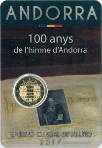 2 euro 2017 Andorra, 100 years hymn Andorra price, composition, diameter, thickness, mintage, orientation, video, authenticity, weight, Description