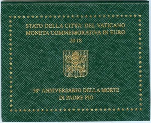 2 евро 2018 Ватикан, 50-летие со дня смерти Падре Пио, в буклете цена, стоимость