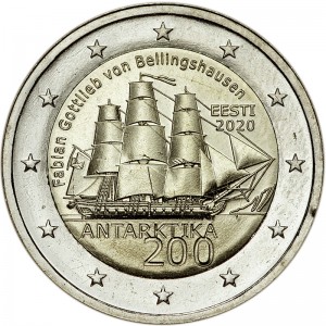 2 евро 2020 Эстония, 200 лет открытия Антарктиды цена, стоимость