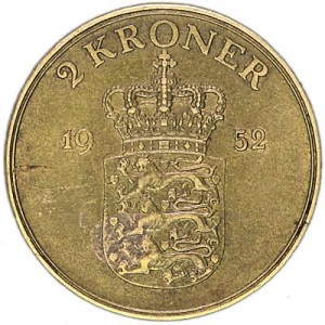 2 kroner 1952 Denmark price, composition, diameter, thickness, mintage, orientation, video, authenticity, weight, Description