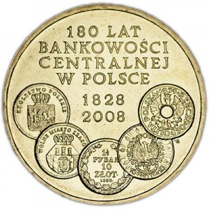 2 злотых 2009 Польша 180-летие Центральной банковской системе Польши (180 lat Bankowosci Centralnej w Polsce) цена, стоимость
