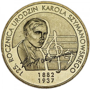 2 злотых 2007 Польша 125-летие со дня рождения Кароля Шимановского (125 rocznica Urodzin Karola Szymanowskiego) цена, стоимость