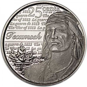 25 cent 2012 Canada Tecumseh price, composition, diameter, thickness, mintage, orientation, video, authenticity, weight, Description