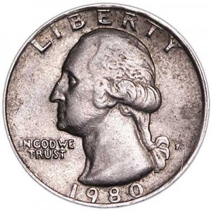 25 cents Washington quarter 1980 US mint P price, composition, diameter, thickness, mintage, orientation, video, authenticity, weight, Description